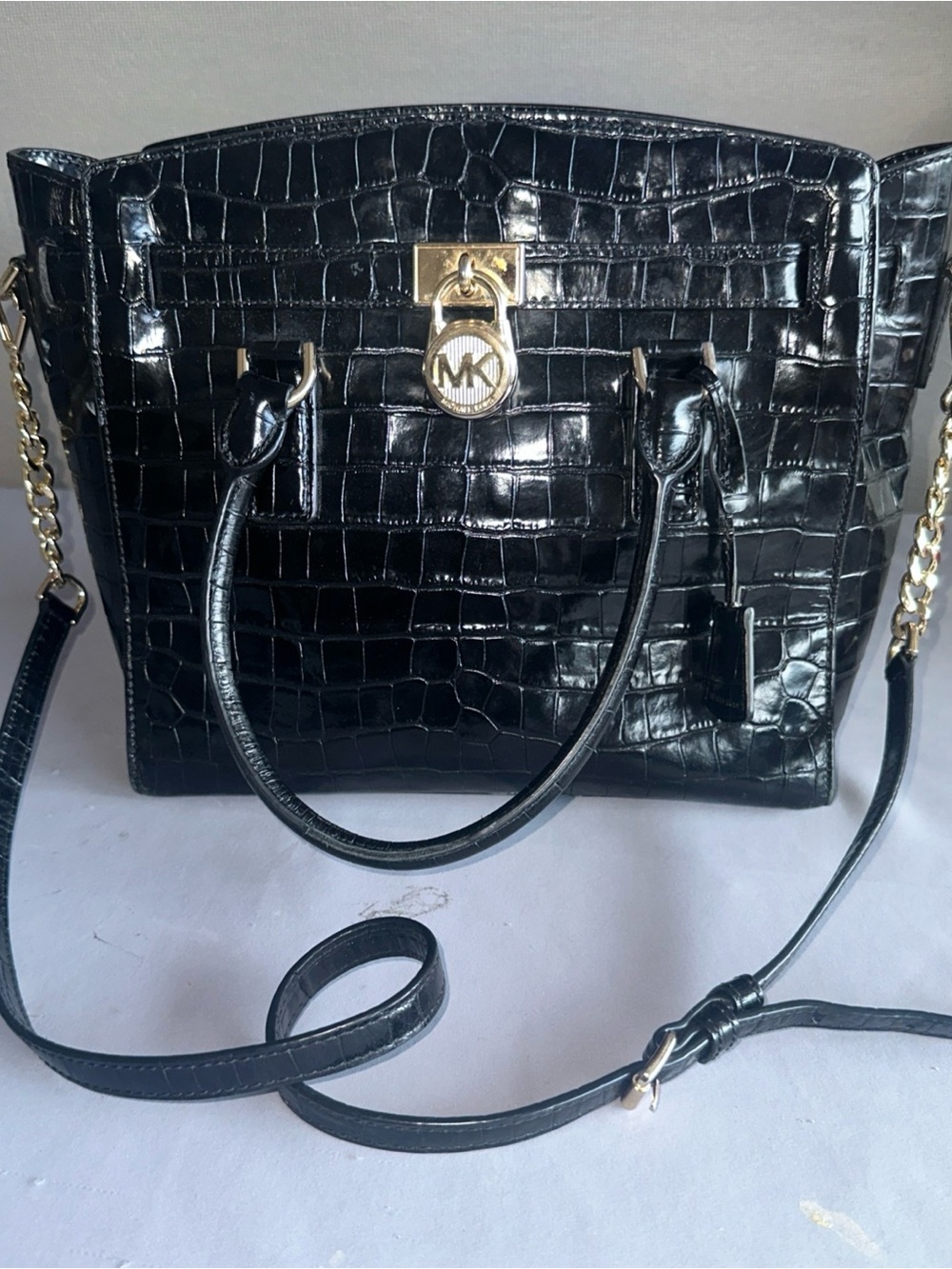 Michael Kors Black Croc-Embossed Satchel with Gold Hardware